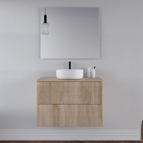 Meuble de salle de bain 80cm avec plateau et vasque à poser ronde - 2 tiroirs - cambrian (chêne clair) - RIBERA (1/5)