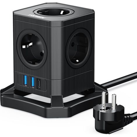 Multiprise Cube USB, Prise Multiple 5 Prises avec USB-A et USB-C (20 W PD3.0) 4000W Cube Rallonge Multiprise avec Interrupteur pour Bureau, Maison, Voyage, câble 2 m Noir (1/5)