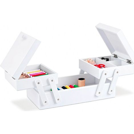 Relaxdays sewing box, 5 compartments, empty, HxWxD: 12 x 26 x 15.5 cm, fold-out, pine wood, white
