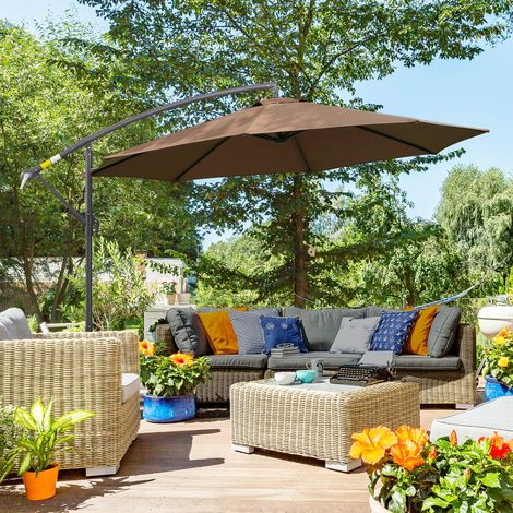 Sombrilla de Jardín Ø295 cm Parasol Excéntrico Inclinable con Manivela Base Cruzada y Soporte de Acero Café