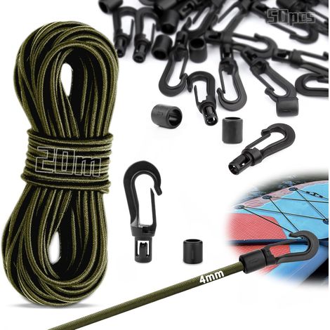 Cordon en caoutchouc 20 m, 4 mm, avec 50 crochets en plastique, corde d'extension verte, crochet pour bâche de remorque, camping, bâche de piscine, corde à linge, transport de vélos (1/5)