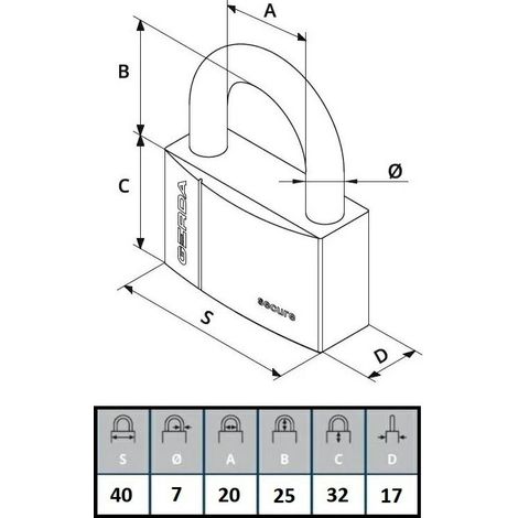 Cadenas à anse renforcée GERDA SECURE KSWS S40, nickel satiné, blister