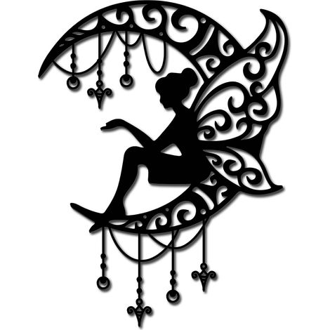 Décoration Murale en Métal Ange Lune-Sculptures de Fées Noires Ajourées Suspendre au Mur-Décoration Murale pour Pendaison de Crémaillère,Cadeaux,Extérieur,Jardin,Ferme,Salon-30x23cm (1/5)