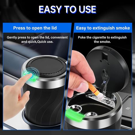 Posacenere per auto con coperchio, posacenere tascabile con luce LED, posacenere portatile in acciaio inossidabile senza fumo per auto e furgoni (1/4)
