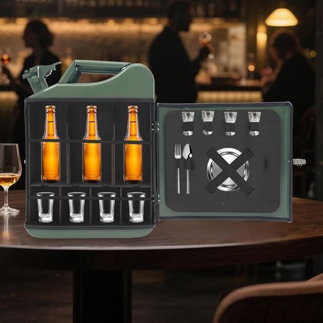 Bar-Kanister 20l, Mobile Minibar aus Metall mit Holzablagen & Verschlussschnalle, Vintage-Getränkekoffer für Partys, Camping, Außenbereich, 35×15,5×47 cm, dunkelgrün (1/5)