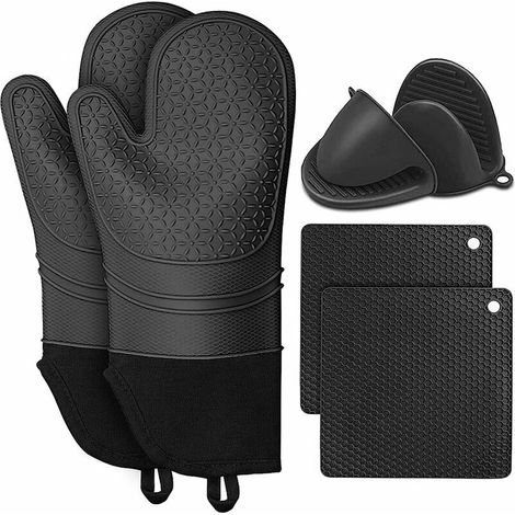 Nazalus-Hot Sale-Silikon-Ofenhandschuhe + Mini-Ofenhandschuhe + Topflappen, 260 °C hitzebeständiger Handschuh, leicht zu reinigende Backhandschuhe für Küche, Backofen, Mikrowelle, 36,8 cm lang, schwar