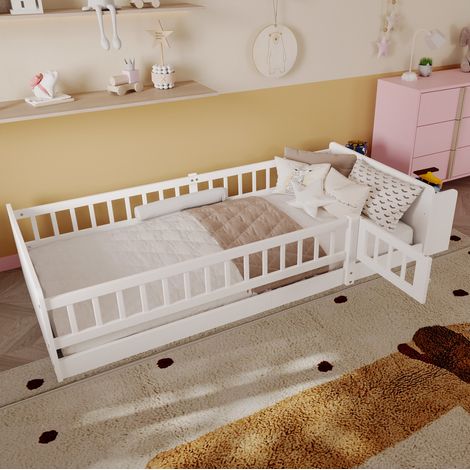 Lit enfant 90 x 200 cm en pin blanc avec rangements ouverts et barrière ouvrante, gain de place (1/5)