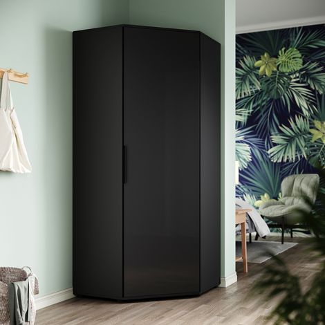 ELEGANT Corner Wardrobe with 2 Hanging Rails and 5 Storage Shelves, Modern Black High Gloss & Matt Bedroom Closet Storage, Space Saving Design (1/5)