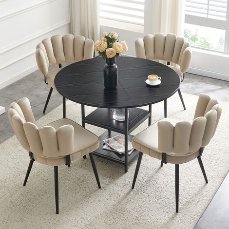 DESMIU Table de salle à manger ronde 4 personnes avec 2 étagères et 4 chaises, style industriel, pour salle à manger, noir et brun clair, Ø 107 cm (1/4)