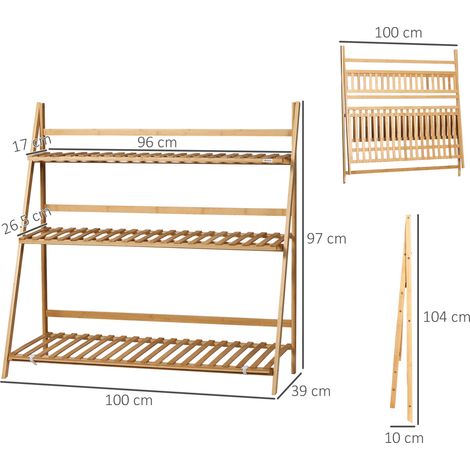Jardinière en bambou à 3 niveaux pour l'extérieur (hauteur réglable, pliable), 100 x 39 x 97 cm, aspect bois (1/5)
