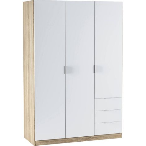 Dmora Guardarropa Allentown, Armario dormitorio con 3 puertas y 3 cajones, Mueble con barra perchero y 3 baldas, cm 121x52h180, Blanco y Roble, con embalaje reforzado