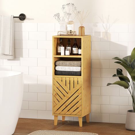 Mobiletto da bagno stretto, contenitore per il bagno con 2 ripiani a giorno, anta e gambe in bambù, 32x30x90 cm, colore naturale.