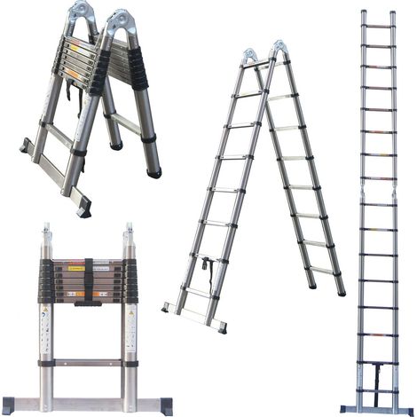 Telescopic Folding Ladder 2.5M+2.5M Multi Purpose Collapsible Concertina Loft Ladders, Stainless Steel A-Frame Ladder Heavy Duty Sturdy Straight Ladders, Maximum Height 16.4FT/ 5M (1/5)
