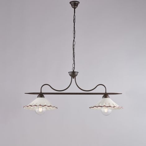 Lustre Osteria Fer Noir, Déco Rouille, Diffuseurs Céramique D.30 Blanc/Marron, 2 Lumières, Style Rustique 83X30 Cm
