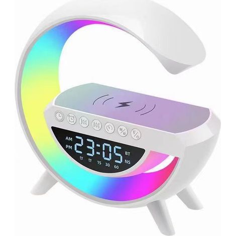 Lampada da comodino a LED con funzione di ricarica, luce ambientale con ricarica wireless da 15 W, lampada da tavolo a LED con altoparlante Bluetooth, luce notturna dimmerabile, sveglia