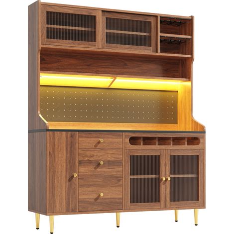 Aparador alto de cocina con LED, estantes ajustables y botellero 145x39x171 cm color nogal HOMVRA (1/5)