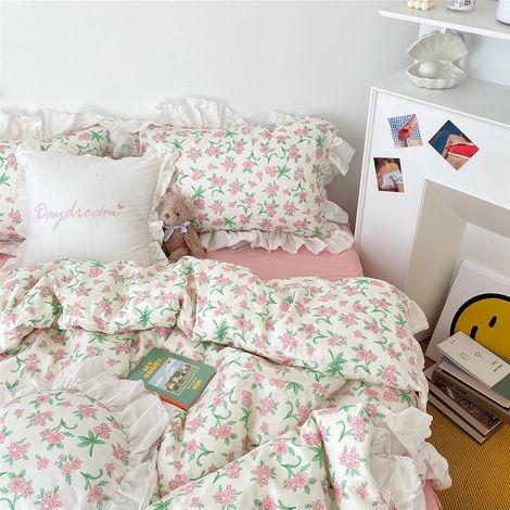Parure de lit avec housse de couette à volants en dentelle pour filles, housse de couette de style princesse avec fermeture éclair, romantique et élégante, pour grand lit, dentelle rose (1/5)