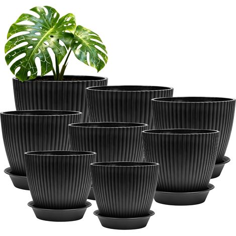 Set mit 8 Blumentöpfen inklusive Untersetzern, 19,5/7/6,5/6,5/5,5/10,2 cm, aus robustem und pflegeleichtem Kunststoff, für den Innen- und Außenbereich, für Balkonpflanzen (schwarz) (1/5)