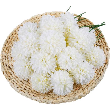 Lot de 10 chrysanthèmes artificiels en boule blanc, fleurs décoratives style pissenlit (1/5)