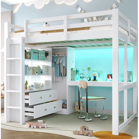 lit adulte mezzanine bureau rangement 140x200 blanc OKMYHOME (1/5)