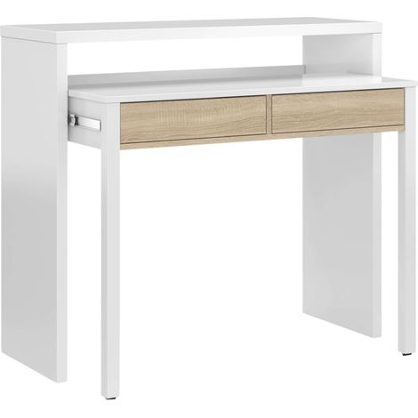 Bureau Extensible, Console, Couleur Blanc « Artik » et chêne Canadien, Dimensions : 98,5 x 36-70 x 87,5 cm (l x P x H). (1/5)