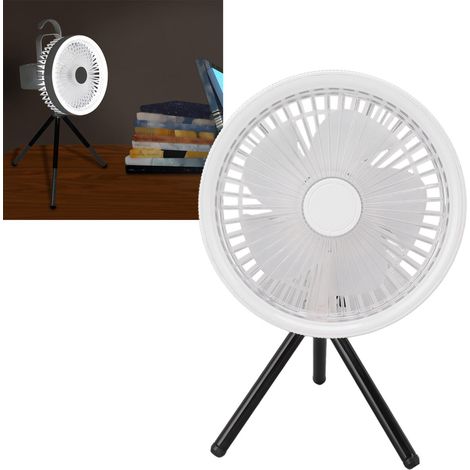 Weißer oszillierender Ventilator mit Fernbedienung, dreieckigem Standfuß, Wandhalterung, Tischhalterung, versenkbarem USB-Anschluss und Nachtlicht. (1/5)