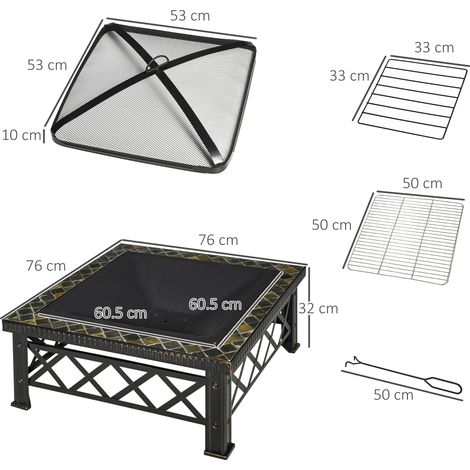 Brasero/Foyer extérieur 3 en 1 avec pare-étincelles, grille et seau à glace pour barbecue de jardin, noir, 76 x 76 x 47 cm (1/5)