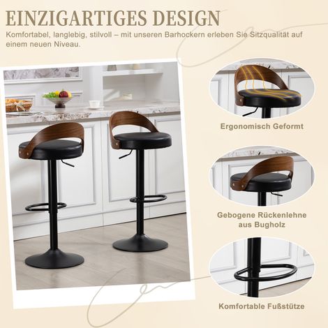 Lot de 2 tabourets de bar pivotants à 360° avec dossier en noyer noir, assise rembourrée en PU, réglables en hauteur. Idéal pour cuisine, restaurant, bar et espaces similaires (similicuir noir) (1/5)