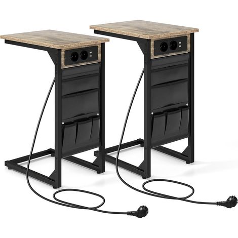 Juego de 2 mesas auxiliares en forma de C 40 x 30 x 60 cm estación de carga ergonómica estilo industrial metal marrón rústico 200020517