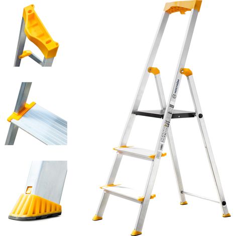 HOSTROM Scala 3 gradini in alluminio, sgabello pieghevole con porta-attrezzi, gradini larghi 12 cm, uso domestico e professionale, garanzia 5 anni.