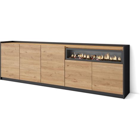 Skraut Home - Aparadores para salón, 260x37x80cm, 5 Puertas, Chimenea eléctrica, Roble y negro (1/5)