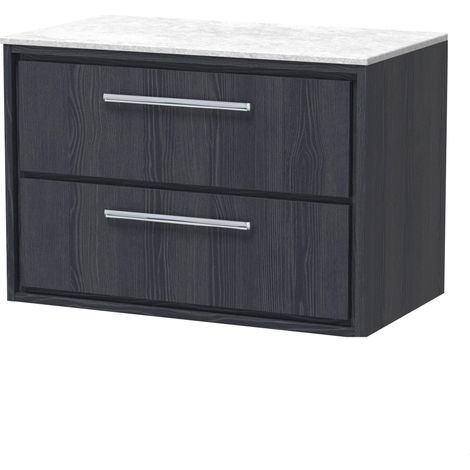 Longnor 2 Drawer Wall Hung Vanity Unit with White Marble Worktop, Woodgrain Graphite Grey, 800mm