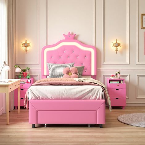 Lit Enfant Rembourré 90x200 cm avec LED,Lit Princesse Couronne,Lit Simple 90x200 avec Grand tiroir au pied du lit et Sommier à Lattes,PU, Rose