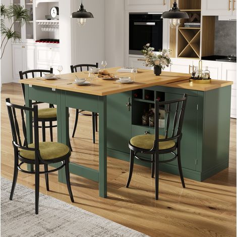 Aparador bar extensible de MDF verde antiguo, 120-180x40x76 cm, giratorio, con botellero y compartimentos regulables (1/5)