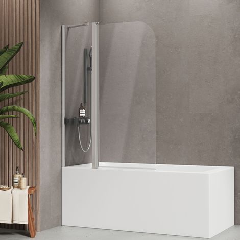 EMKE Badewannenfaltwand 140x100cm Chrom Duschwand für badewanne Festteil mit Haltestange Faltwand 6mm Easy-Clean ESG Glas
