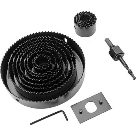 Set mit 15 Lochsägeblättern aus Kohlenstoffstahl, hohe Härte, verschleißfest, zum Bohren und für Holzbearbeitungen. (1/5)