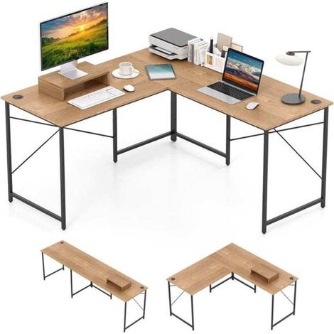 240 cm Modulable : Bureau d'Angle Informatique Convertible avec Support Écran pour Gaming et Télétravail à 2 Personnes (1/2)