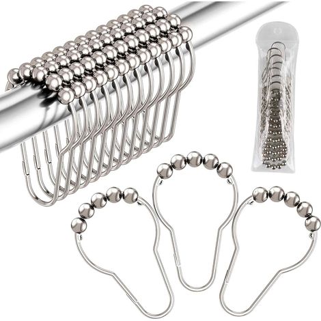 12 Crochets de rideau de douche, Acier inoxydable, Système de glissement fluide, Anneaux anti-rouille, Pour salle de bain (1/5)