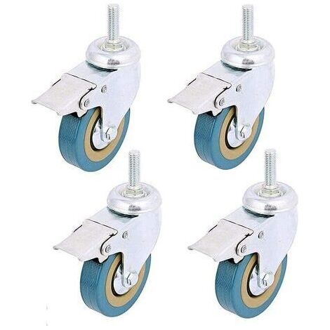 BUNTHAUS 4 pack, Verrouillage 3\" Mont tige filetée Roulette pivotante Rotation Non marquant Roue à roulettes en polyuréthane et frein pour chariots, meubles, établi (Tige filetée: 12 X 30mm)