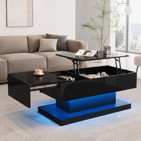 Tavolino LED sollevabile 100 x 50 x 45 cm con vano portaoggetti, piano scorrevole, nero DESVIAE