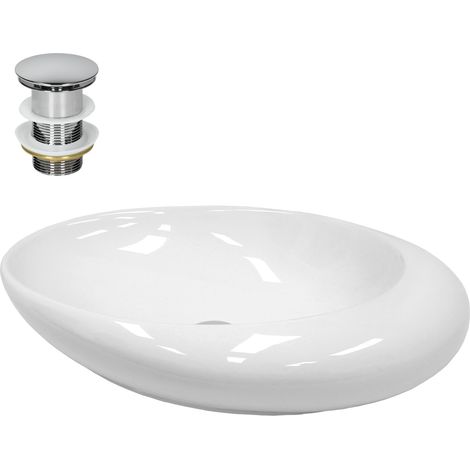 ECD Germany Vasque à Poser Lavabo Salle de Bain - Ø 585 x 375 mm - en Céramique - Ovale - Blanc - avec Kit de Vidange sans Trop-Plein - Lavabo à Poser sur Meuble Salle de Bain - Design Modern