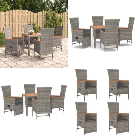 Set da Pranzo da Giardino 5 pz con Cuscini in Polyrattan Grigio - Sedie da giardino - Tavolo da giardino