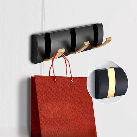 Perchero de pared，perchero con ganchos extensibles，perchas de aluminio que ahorran espacio，barra con ganchos para entrada，Negro Oro，3 ganchos (1/5)