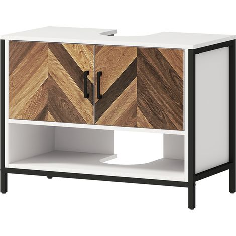 Meuble sous-évier à 2 portes et compartiment ouvert pour évier avec ou sans colonne, 80 x 40 x 60 cm, crème et noyer (1/5)