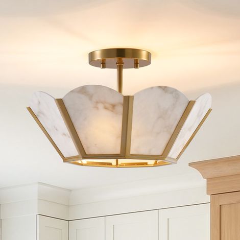 Parrot Uncle 38cm Gold Semi Flush Ceiling Light, Faux Alabaster Glass Ceiling Lamp, 3 x E14 Light Fixture for Bedroom Living Room Hallway (Bulbs Not Included)