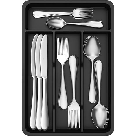Range Couvert Tiroir, Organisateur Couverts Tiroir Cuisine, 19.8x31.5 cm, Rangement pour Vaisselle, Bac de Rangement pour Cuillères/Fourchettes/Couteaux/Vaisselle, 4 Compartiments, Noir (1/5)