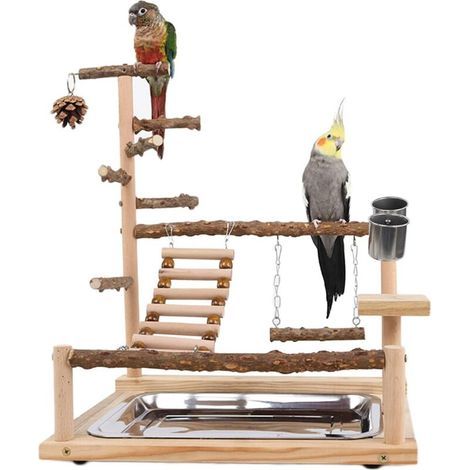 Vogelspielplatz Papageienspielplatz mit Ständer, Sitzstangen, Futternapf, Schaukel, Leiter und Plattform für Nymphensittiche, Holz, Größe 45x37x26 cm A (1/5)