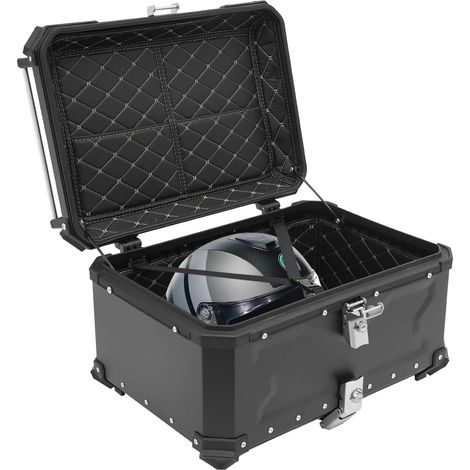 Top Case pour moto 65L, boîte arrière étanche avec serrure de sécurité, construction en aluminium et acier au carbone, pour 2 casques et accessoires de voyage – noir, autocollants (1/5)
