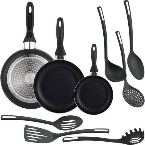 Ensemble de 3 poêles Ø16Ø20Ø24cm en aluminium embouti noir + 6 ustensiles de cuisine en PBT couleur noire (1/5)