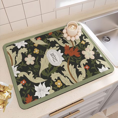 Tapis absorbant antidérapant pour cuisine – Tapis d’égouttement isolant et facile à entretenir, idéal sous évier ou sur plan de travail (modèle romantique avec branches fleuries, carré 40 x 60 cm)-lsw